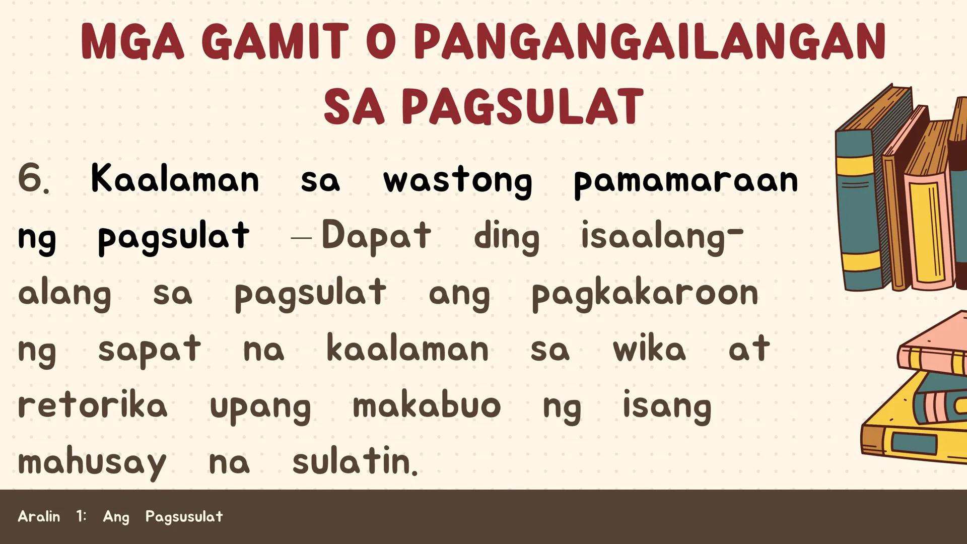 # FILIPINO SA PILING LARANG
# ANG
# PAGSUSULAT
ARALIN 1: 01
MGA LAYUNIN:
Nakapamumuno at nakikibahagi sa mga
gawain tungo sa pagsusulong n