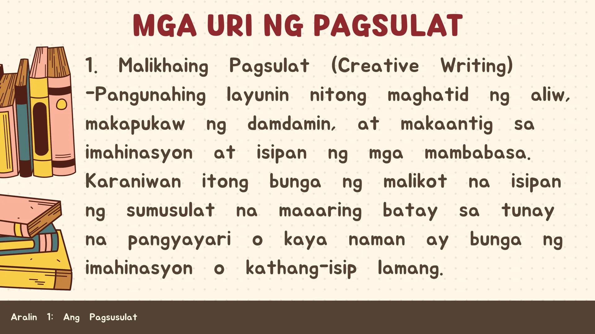 # FILIPINO SA PILING LARANG
# ANG
# PAGSUSULAT
ARALIN 1: 01
MGA LAYUNIN:
Nakapamumuno at nakikibahagi sa mga
gawain tungo sa pagsusulong n