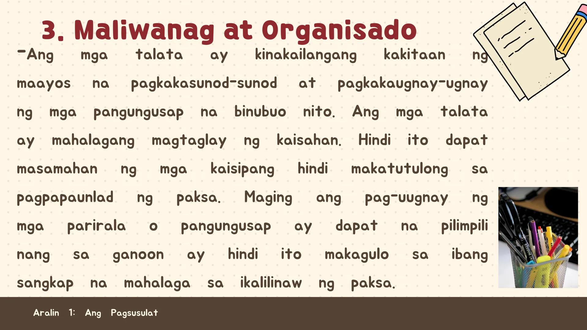 # FILIPINO SA PILING LARANG
# ANG
# PAGSUSULAT
ARALIN 1: 01
MGA LAYUNIN:
Nakapamumuno at nakikibahagi sa mga
gawain tungo sa pagsusulong n