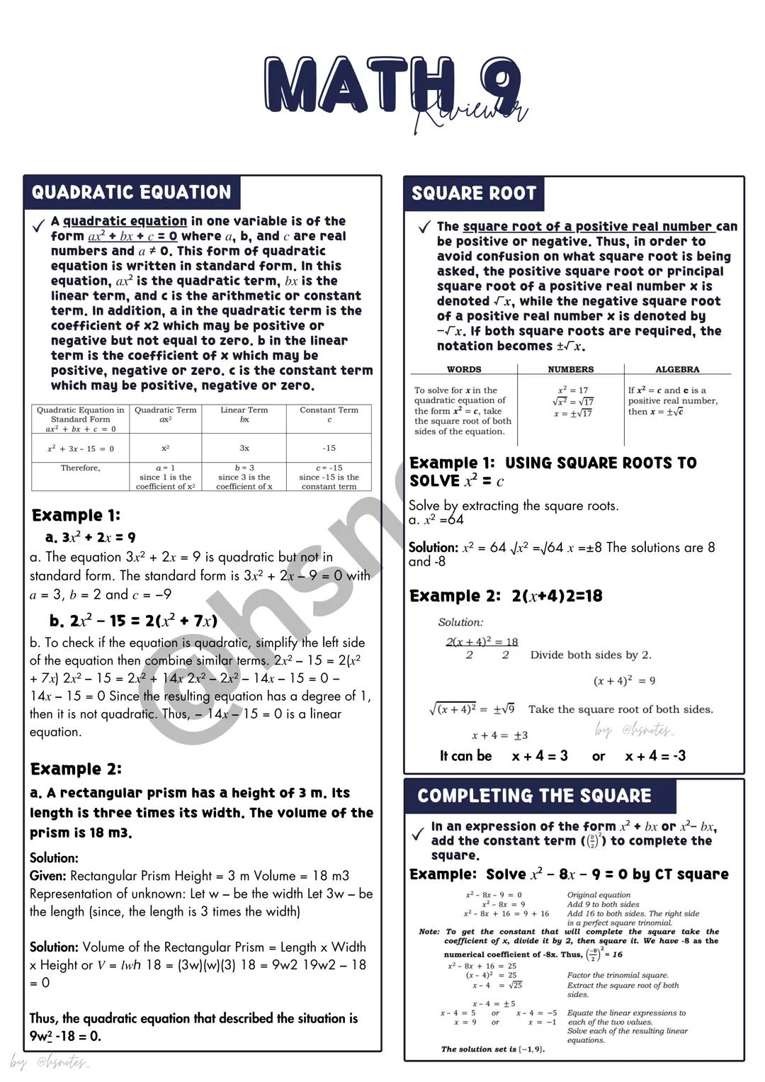 # MATH
Reviewer
## QUADRATIC EQUATION
✓ A quadratic equation in one variable is of the
form $ax^2 + bx + c = 0$ where a, b, and c are real