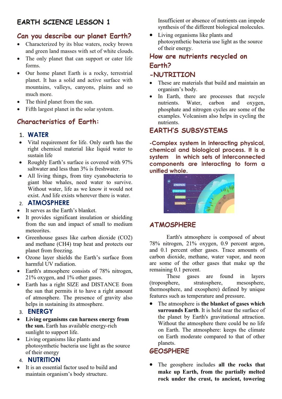 EARTH SCIENCE LESSON 1
Can you describe our planet Earth?
• Characterized by its blue waters, rocky brown
and green land masses with set of