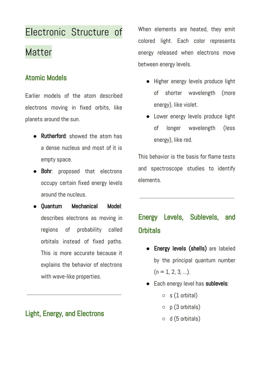 Electronic Structure of
When elements are heated, they emit
colored light. Each color represents
Matter
energy released when electrons move