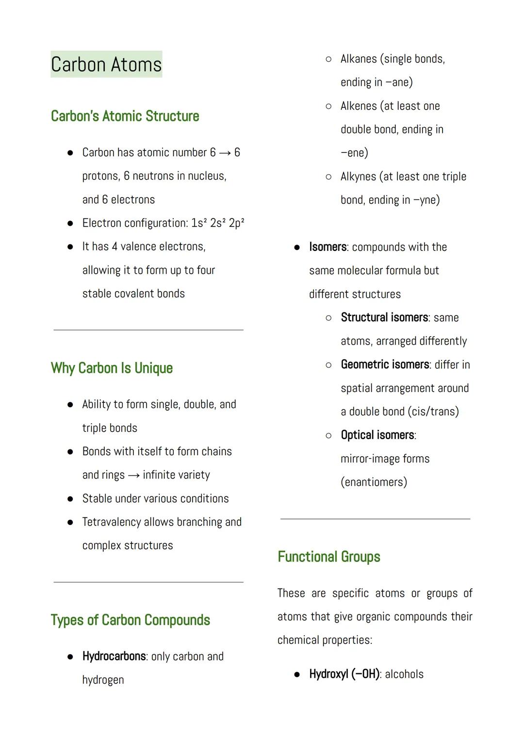 Carbon Atoms
Carbon's Atomic Structure
• Carbon has atomic number 6 → 6
protons, 6 neutrons in nucleus,
and 6 electrons
• Electron configura