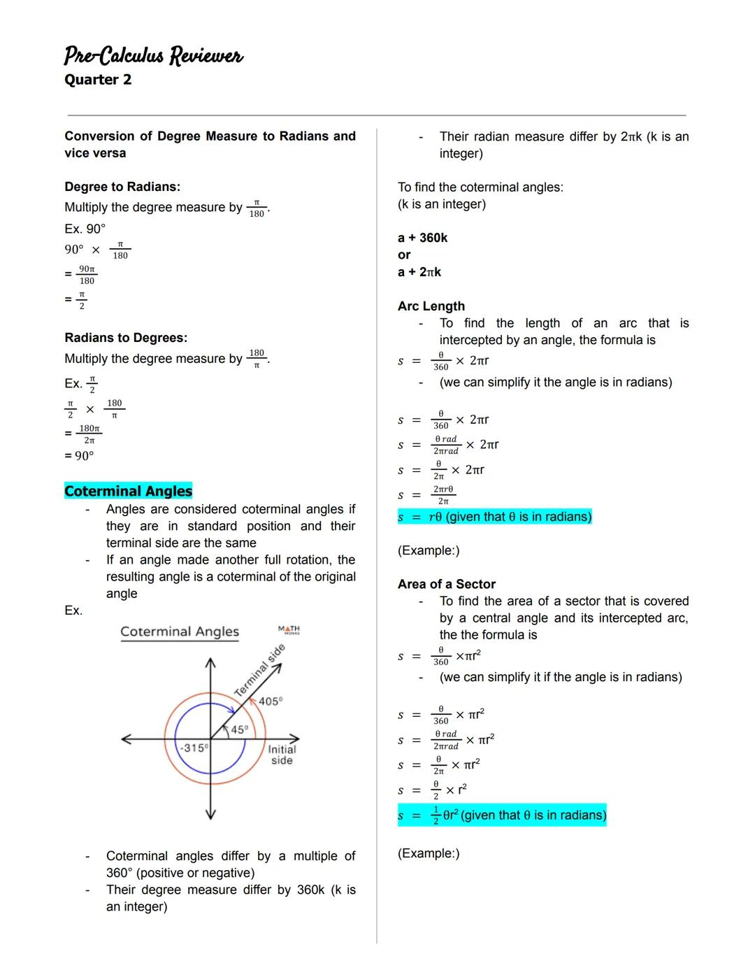 Pre-Calculus Reviewer
Quarter 2
◆ANGLES IN A UNIT CIRCLE
Unit Circle
- a circle on the Cartesian plane that is
centered at the origin (0,0)