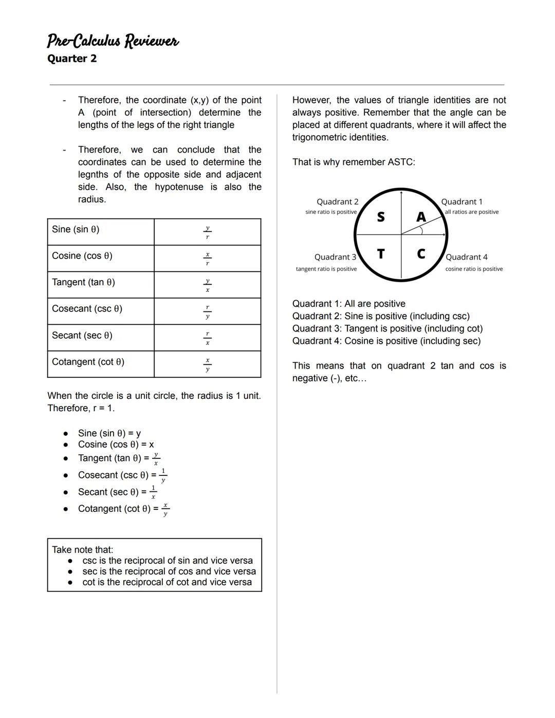 Pre-Calculus Reviewer
Quarter 2
◆ANGLES IN A UNIT CIRCLE
Unit Circle
- a circle on the Cartesian plane that is
centered at the origin (0,0)