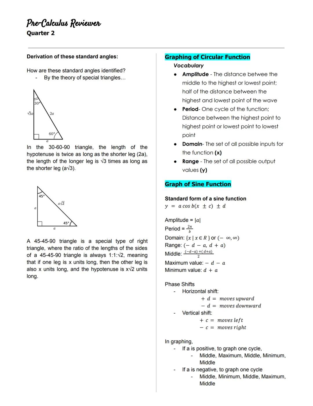 Pre-Calculus Reviewer
Quarter 2
◆ANGLES IN A UNIT CIRCLE
Unit Circle
- a circle on the Cartesian plane that is
centered at the origin (0,0)