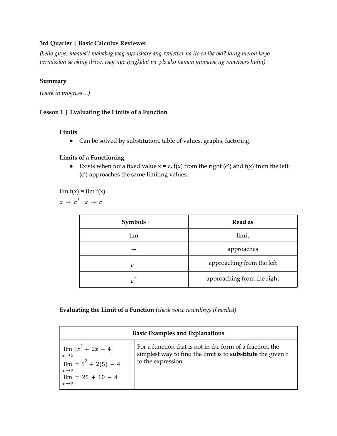 3rd Quarter | Basic Calculus Reviewer
(hello guys, maawa't mahabag wag nyo ishare ang reviewer na ito sa iba oki? kung meron kayo
permission