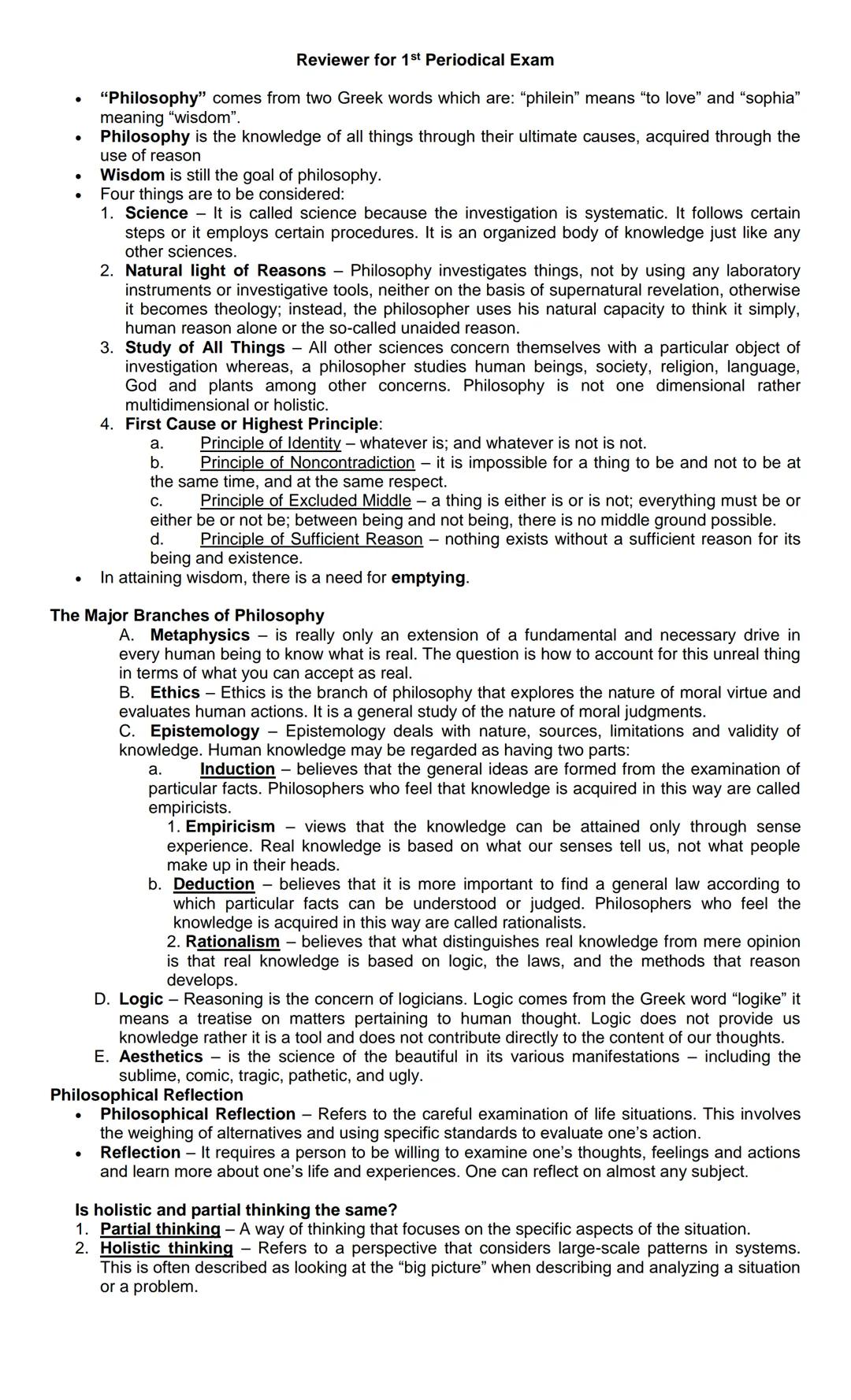 # Reviewer for 1st Periodical Exam
* "Philosophy" comes from two Greek words which are: "philein" means "to love" and "sophia" meaning "wis