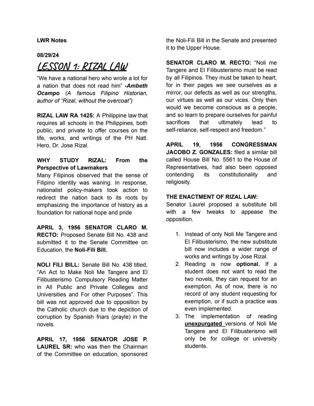 LWR Notes
08/29/24
LESSON 1: RIZAL LAW
"We have a national hero who wrote a lot for
a nation that does not read him" -Ambeth
Ocampo (A famou