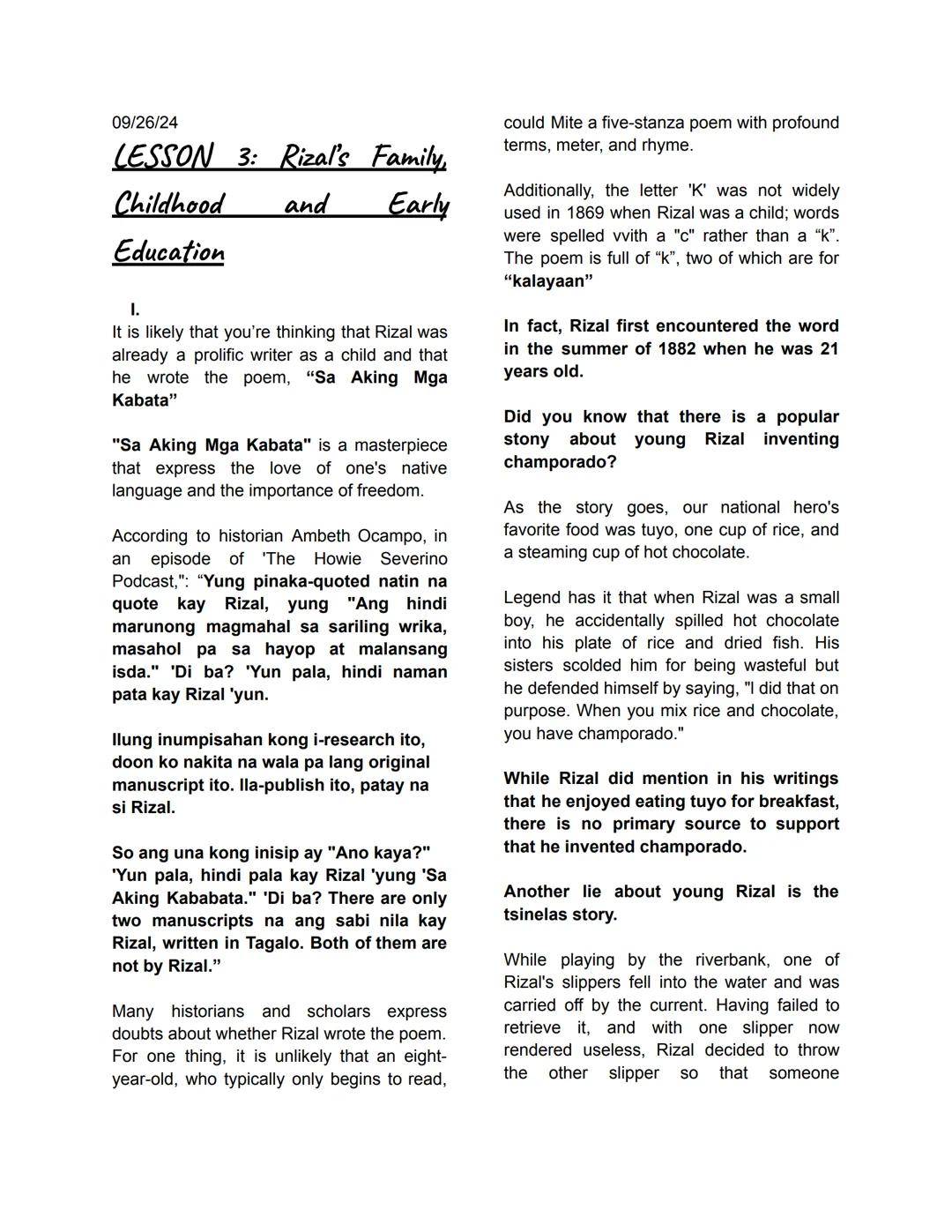 LWR Notes
08/29/24
LESSON 1: RIZAL LAW
"We have a national hero who wrote a lot for
a nation that does not read him" -Ambeth
Ocampo (A famou