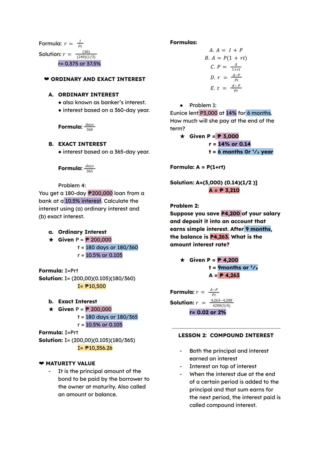 LESSON 1: SIMPLE INTEREST
CONVERTING PERCENT TO DECIMAL
- drop the percent sign and move
the decimal point two places to the
left.
15% = 0.1