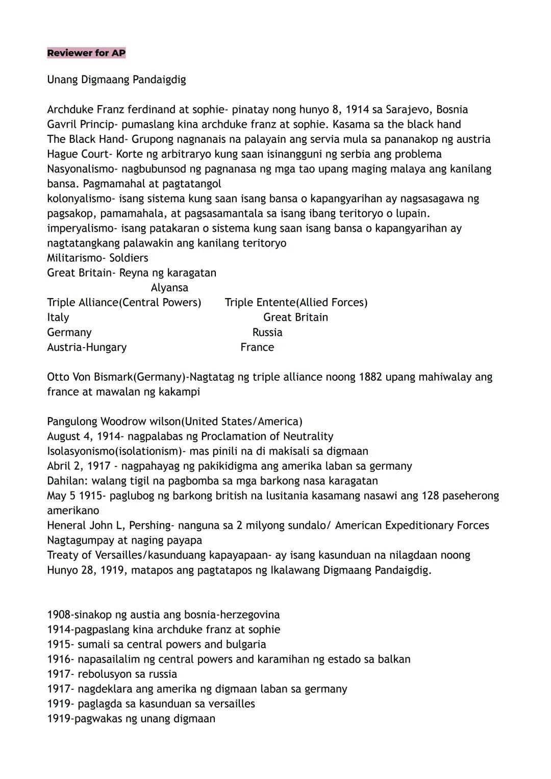 Reviewer for AP
Unang Digmaang Pandaigdig
Archduke Franz ferdinand at sophie- pinatay nong hunyo 8, 1914 sa Sarajevo, Bosnia
Gavril Princip-