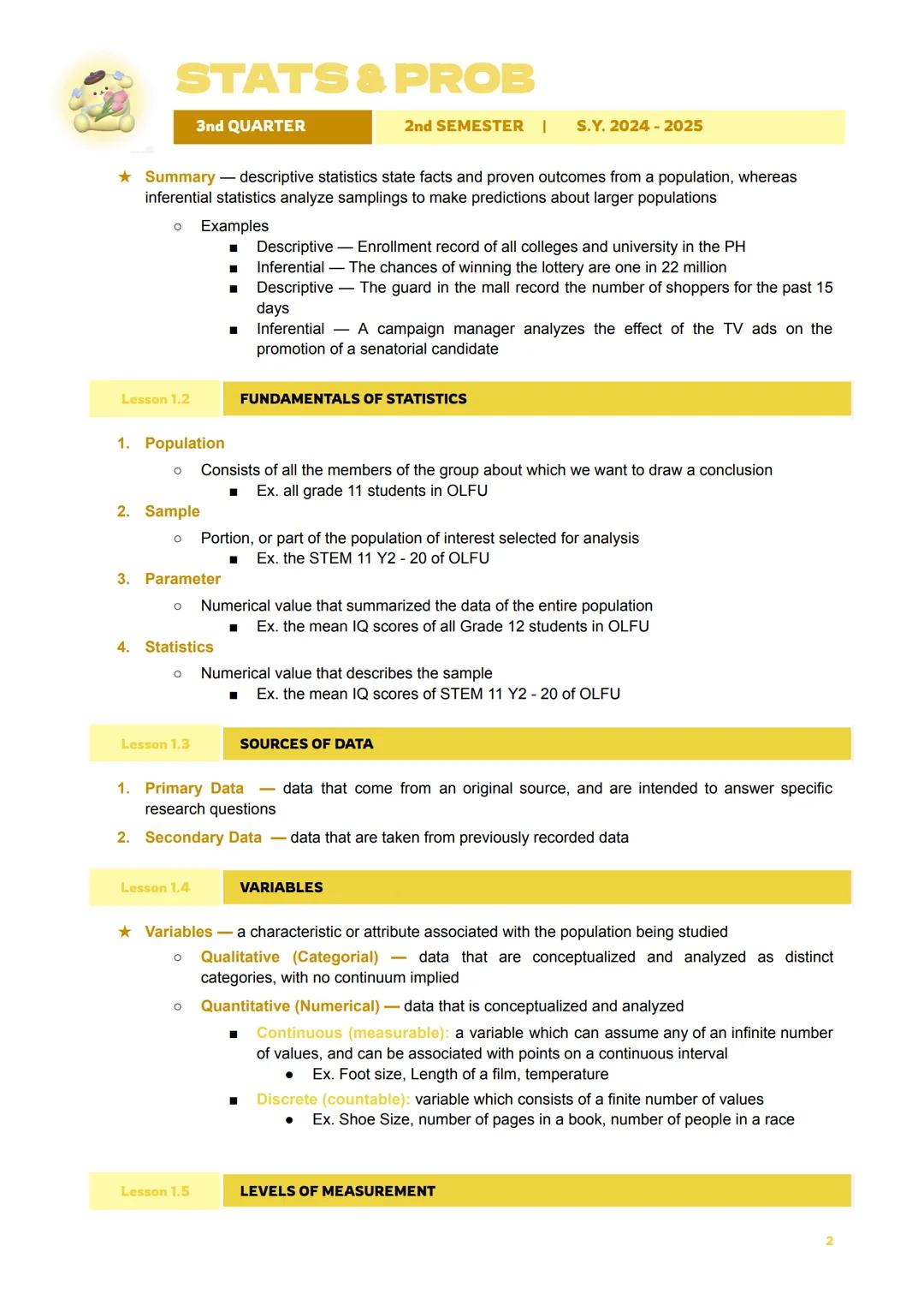 Tab 1 STATS & PROB
3nd QUARTER
2nd SEMESTER |
S.Y. 2024-2025
TABLE OF CONTENTS
I. Introduction to Statistics
a. Statistics
b. Division of St