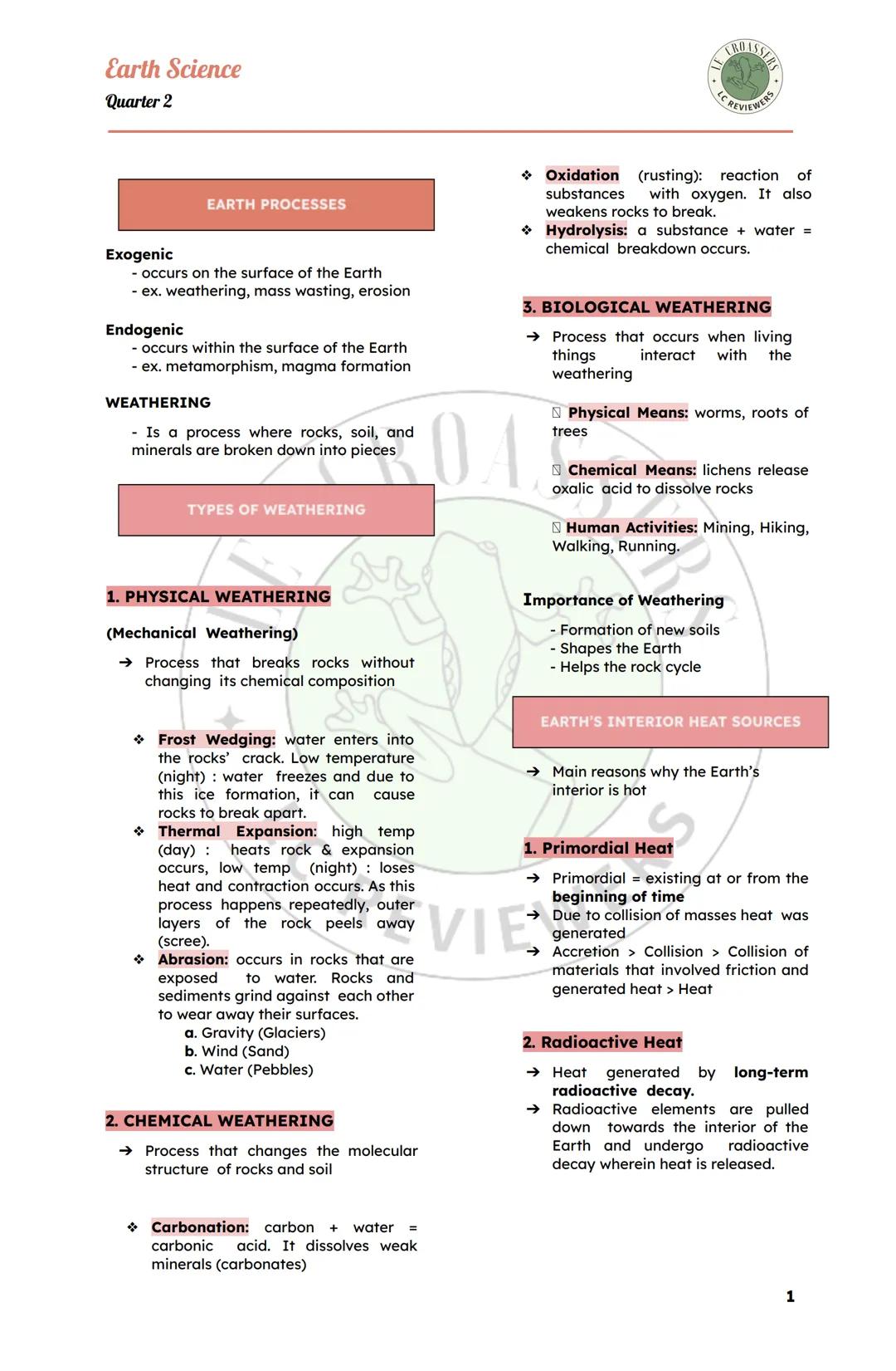 Earth Science
Quarter 2
EARTH PROCESSES
Exogenic
- occurs on the surface of the Earth
- ex. weathering, mass wasting, erosion
Endogenic
- oc
