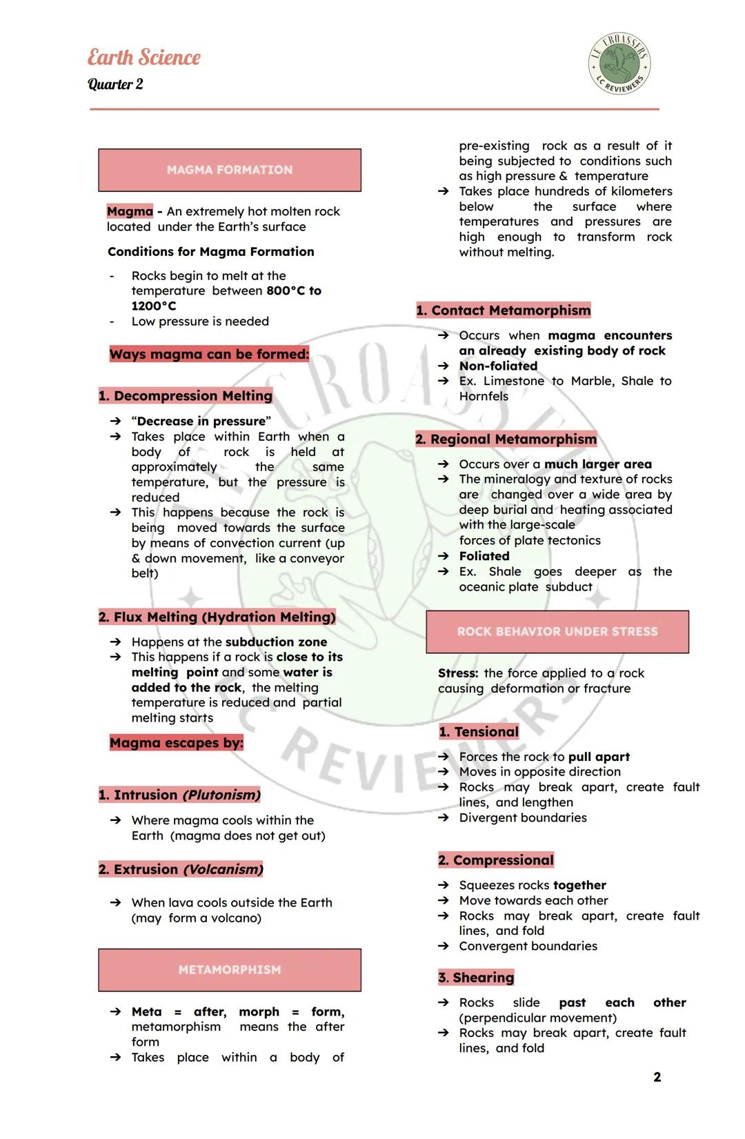 Earth Science
Quarter 2
EARTH PROCESSES
Exogenic
- occurs on the surface of the Earth
- ex. weathering, mass wasting, erosion
Endogenic
- oc