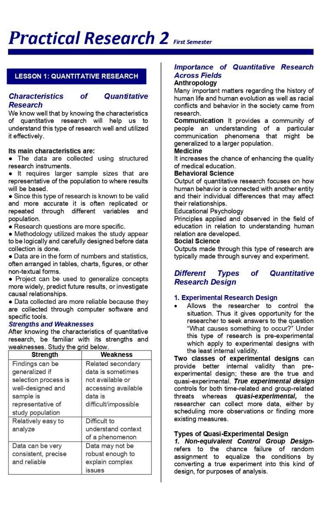 Practical Research 2
First Semester
LESSON 1: QUANTITATIVE RESEARCH
Characteristics of Quantitative
Research
We know well that by knowing th