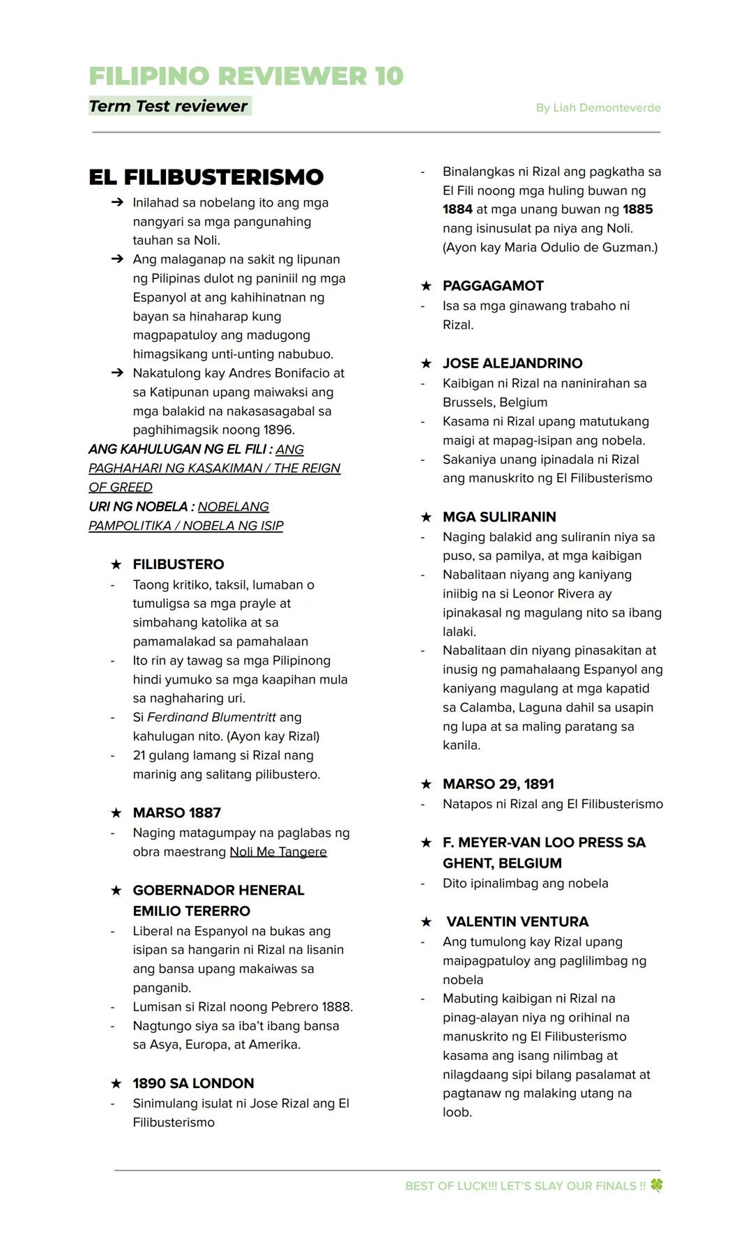 FILIPINO REVIEWER 10
Term Test reviewer
By Liah Demonteverde
EL FILIBUSTERISMO
→ Inilahad sa nobelang ito ang mga
nangyari sa mga pangunahin