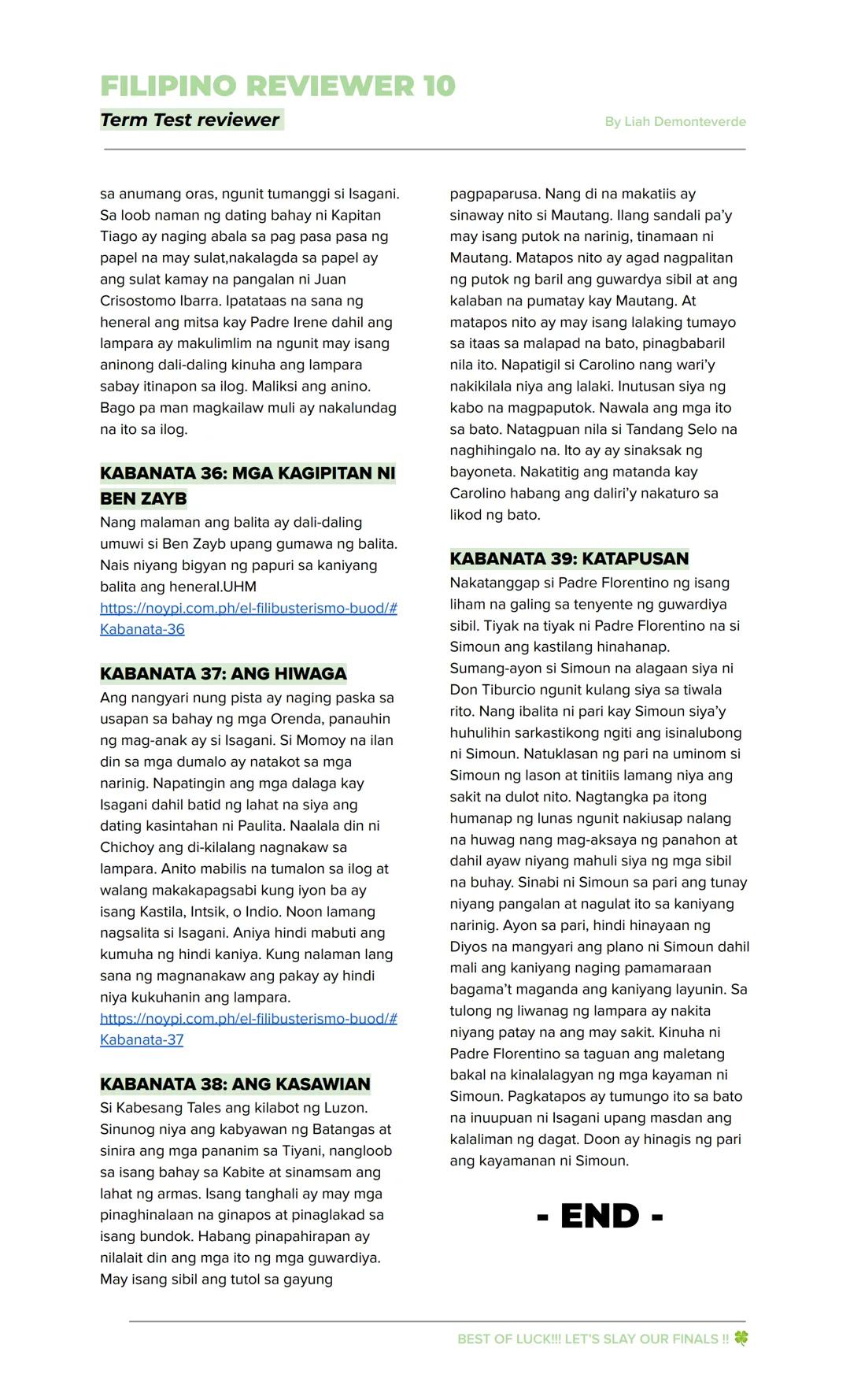 FILIPINO REVIEWER 10
Term Test reviewer
By Liah Demonteverde
EL FILIBUSTERISMO
→ Inilahad sa nobelang ito ang mga
nangyari sa mga pangunahin