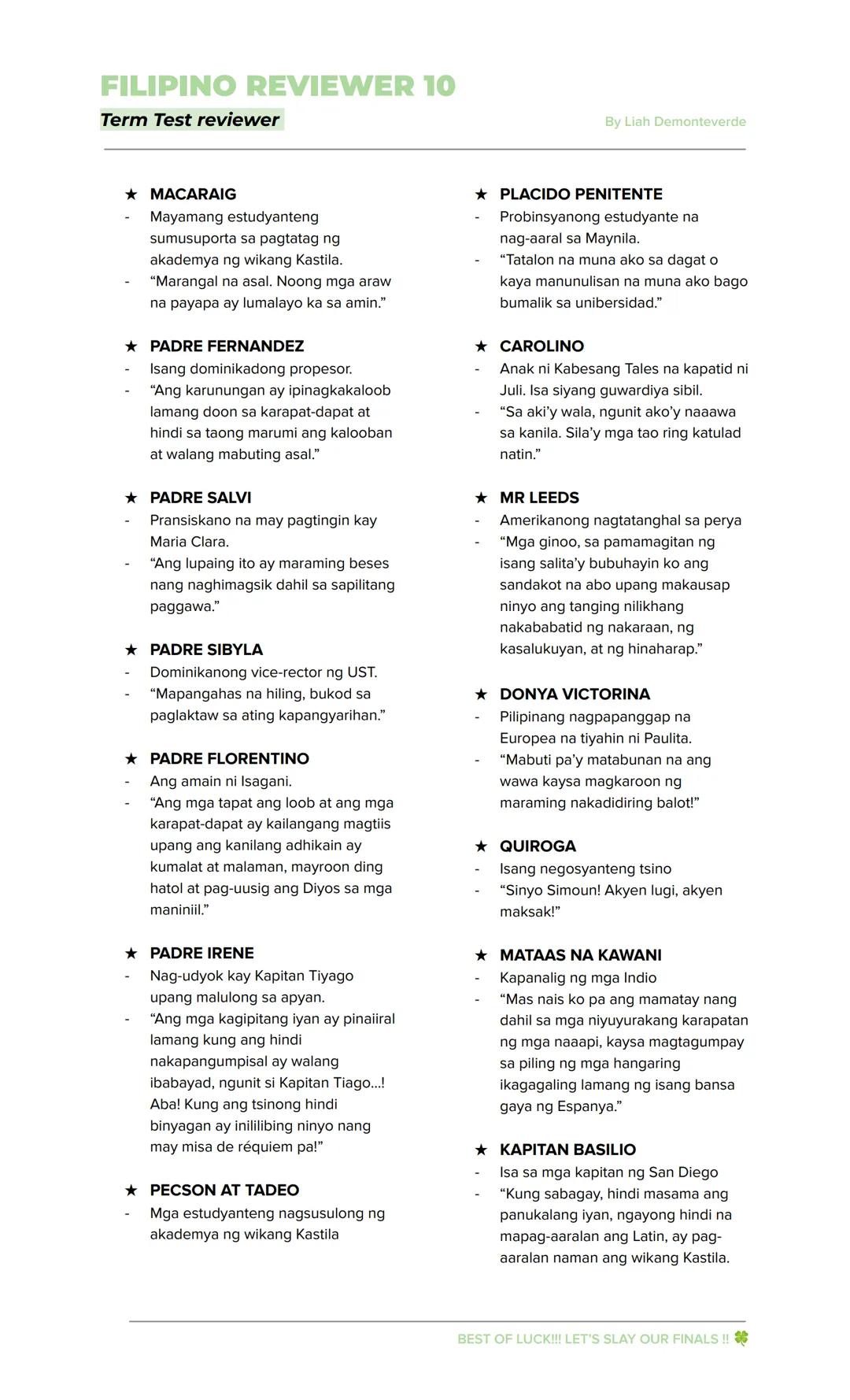 FILIPINO REVIEWER 10
Term Test reviewer
By Liah Demonteverde
EL FILIBUSTERISMO
→ Inilahad sa nobelang ito ang mga
nangyari sa mga pangunahin