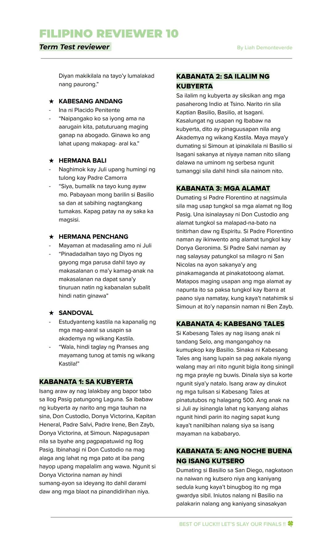FILIPINO REVIEWER 10
Term Test reviewer
By Liah Demonteverde
EL FILIBUSTERISMO
→ Inilahad sa nobelang ito ang mga
nangyari sa mga pangunahin