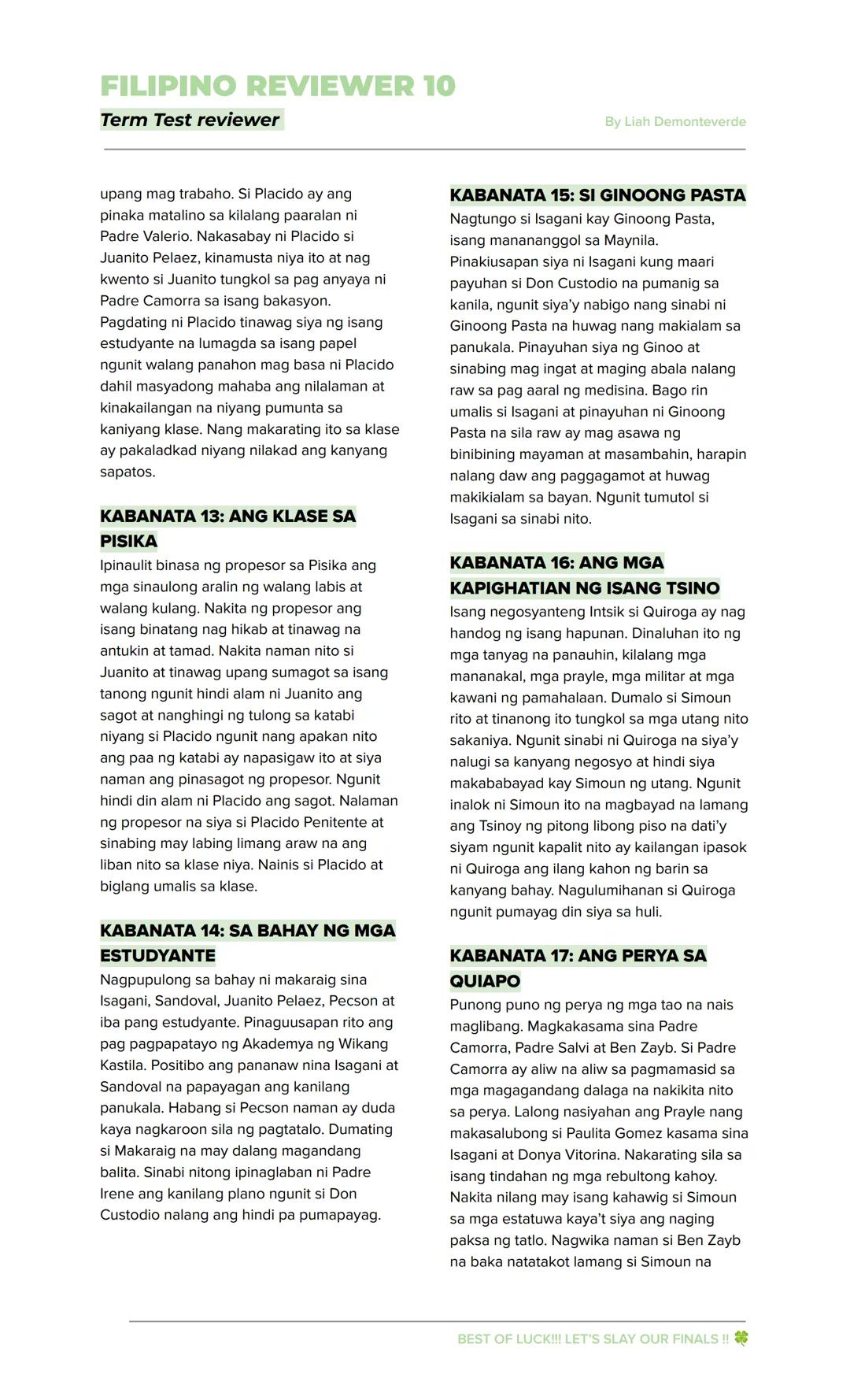 FILIPINO REVIEWER 10
Term Test reviewer
By Liah Demonteverde
EL FILIBUSTERISMO
→ Inilahad sa nobelang ito ang mga
nangyari sa mga pangunahin