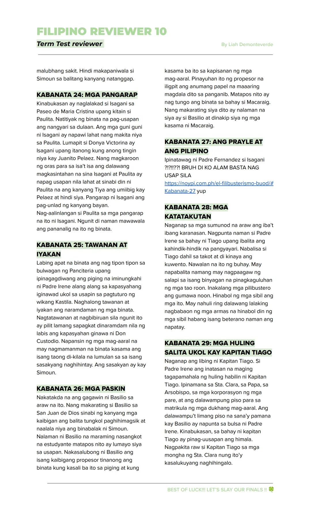 FILIPINO REVIEWER 10
Term Test reviewer
By Liah Demonteverde
EL FILIBUSTERISMO
→ Inilahad sa nobelang ito ang mga
nangyari sa mga pangunahin