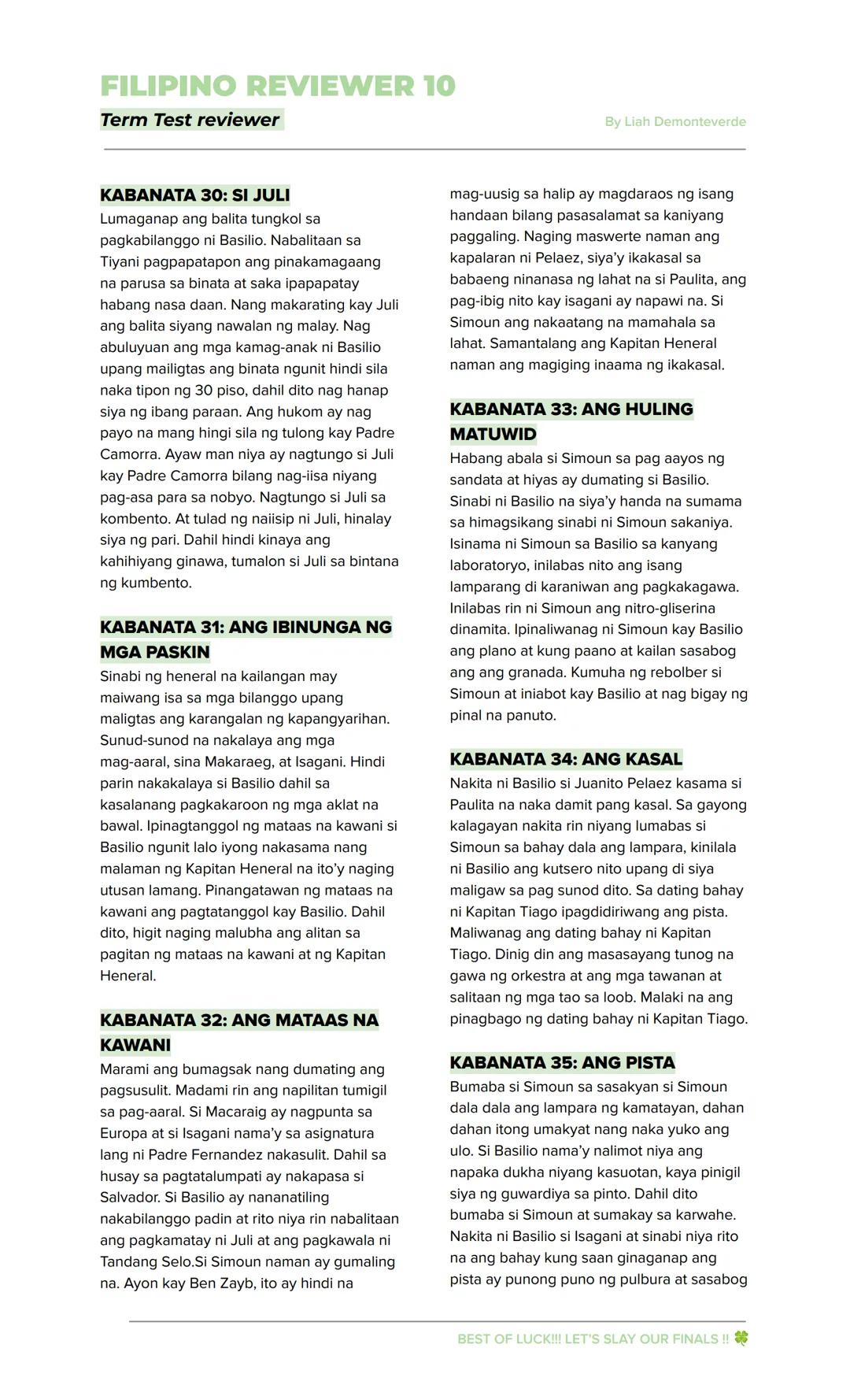 FILIPINO REVIEWER 10
Term Test reviewer
By Liah Demonteverde
EL FILIBUSTERISMO
→ Inilahad sa nobelang ito ang mga
nangyari sa mga pangunahin