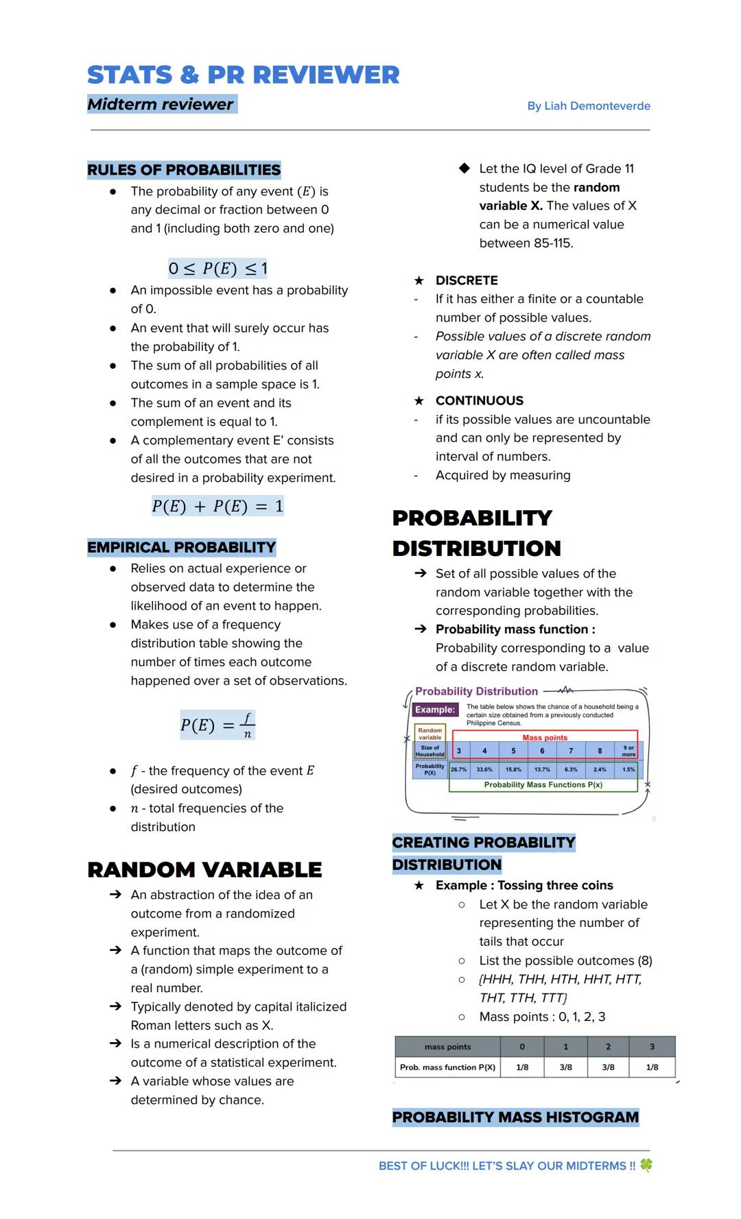 STATS & PR REVIEWER
Midterm reviewer
By Liah Demonteverde
STATISTICS
→ Defined as science that studies data
to be able to make a decision
→