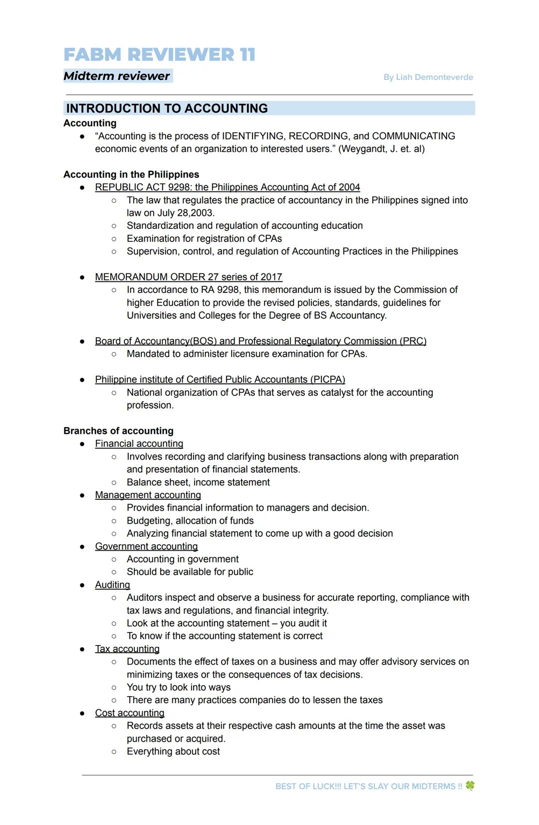 FABM REVIEWER 11
Midterm reviewer
INTRODUCTION TO ACCOUNTING
By Liah Demonteverde
Accounting
"Accounting is the process of IDENTIFYING, RECO