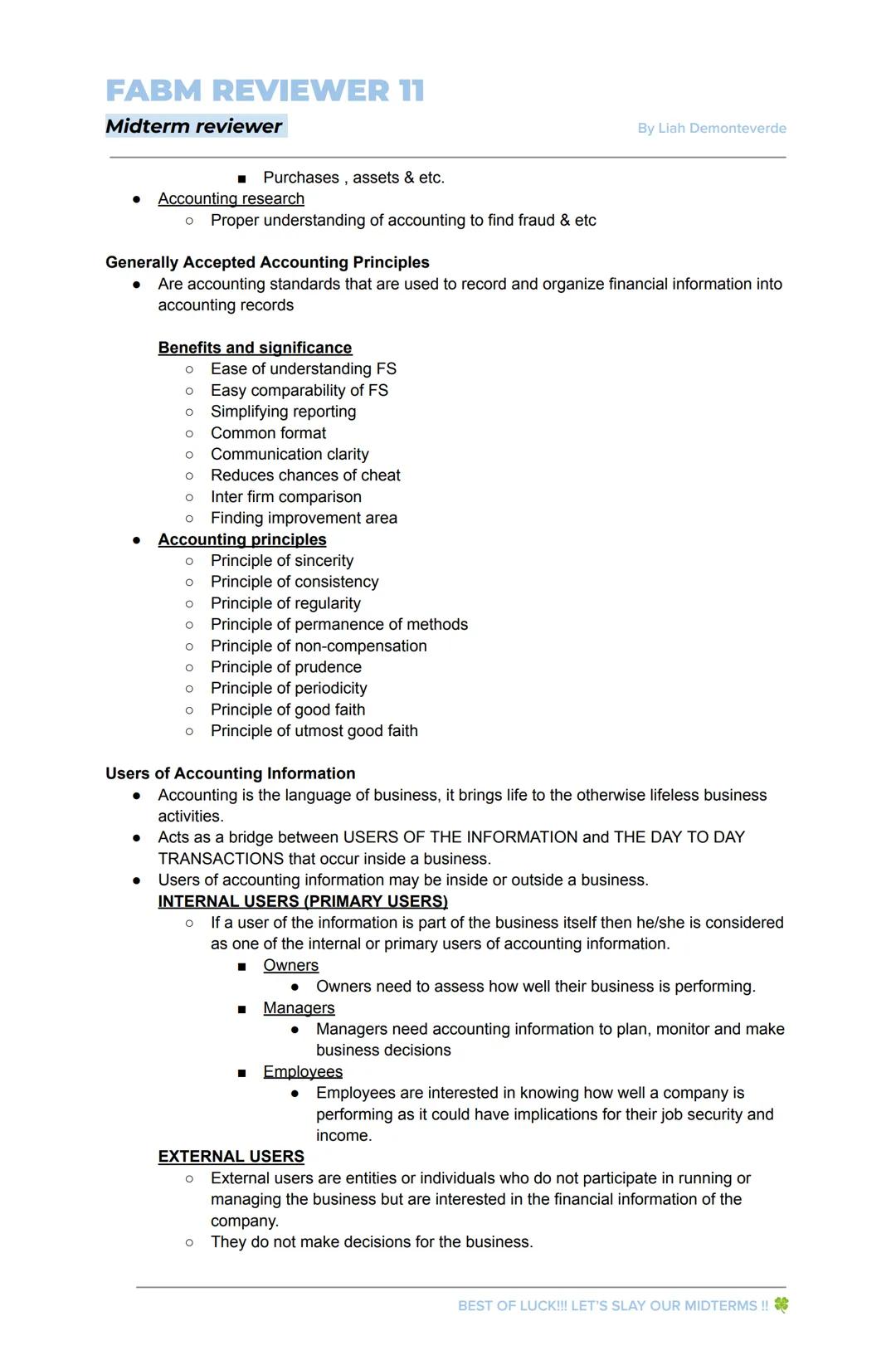 FABM REVIEWER 11
Midterm reviewer
INTRODUCTION TO ACCOUNTING
By Liah Demonteverde
Accounting
"Accounting is the process of IDENTIFYING, RECO