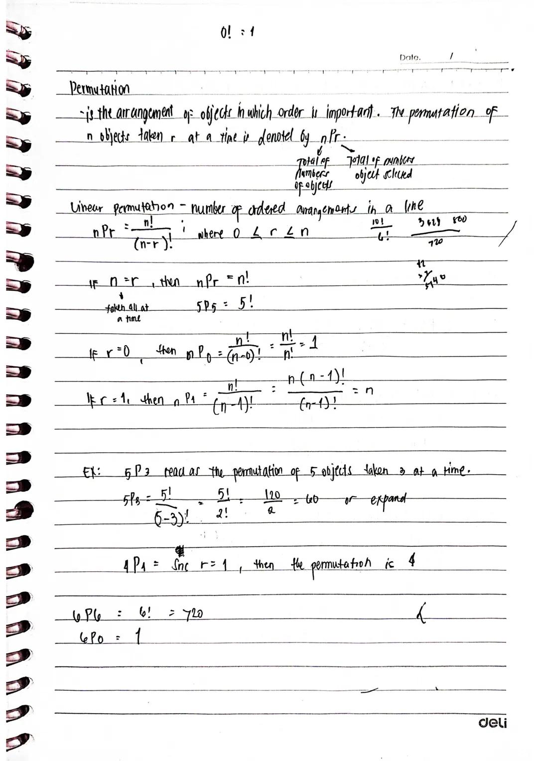 01:1
Date.
Permutation
-is the arrangement of objects in which order is important. The permutation of
n objects taken r at a time is denoted