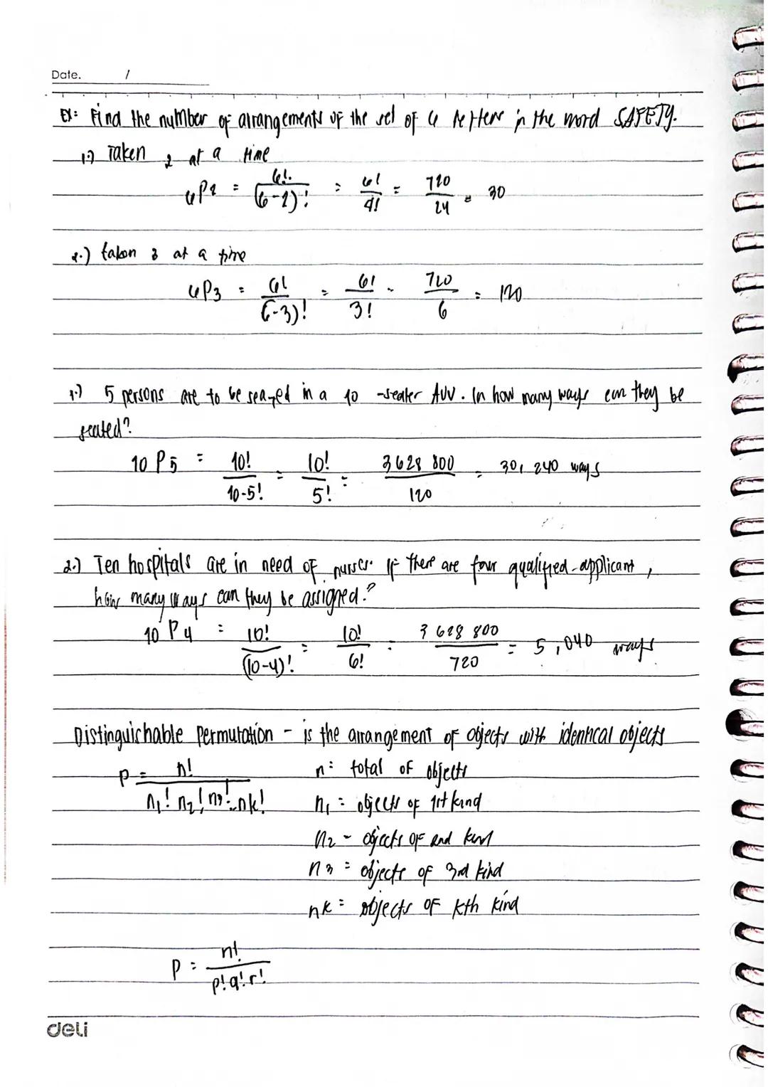 01:1
Date.
Permutation
-is the arrangement of objects in which order is important. The permutation of
n objects taken r at a time is denoted