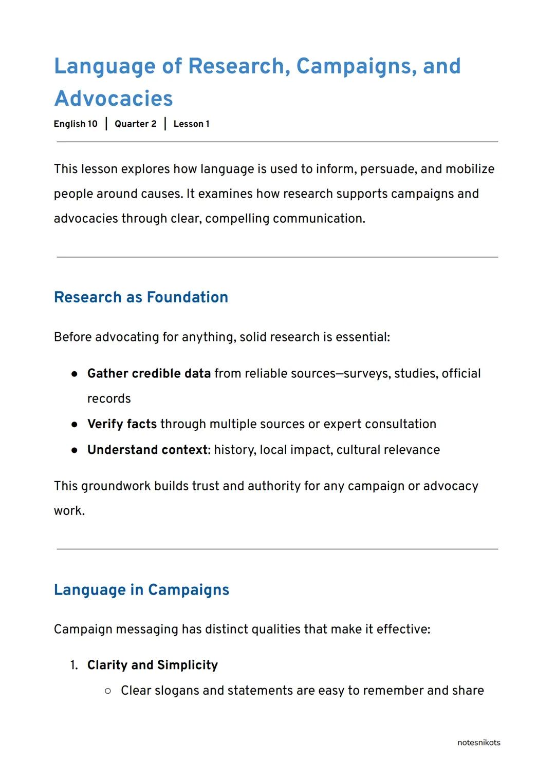 Language of Research, Campaigns, and
Advocacies
English 10 | Quarter 2 | Lesson 1
This lesson explores how language is used to inform, persu