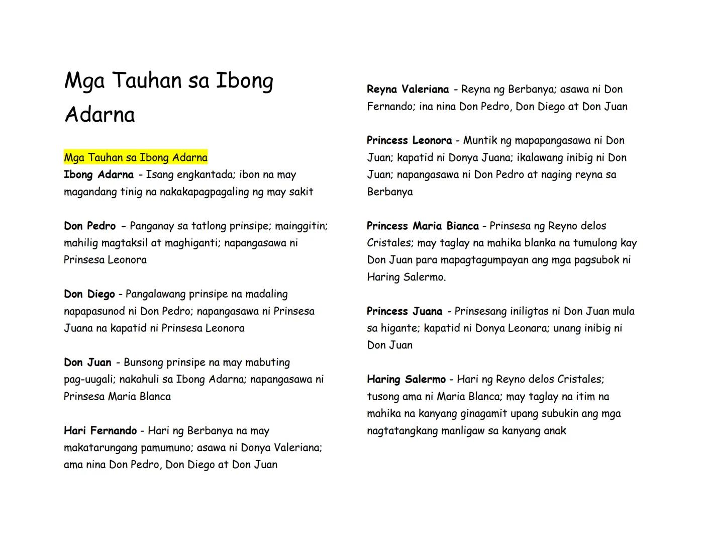 Mga Tauhan sa Ibong
Adarna
Mga Tauhan sa Ibong Adarna
Ibong Adarna - Isang engkantada; ibon na may
magandang tinig na nakakapagpagaling ng m