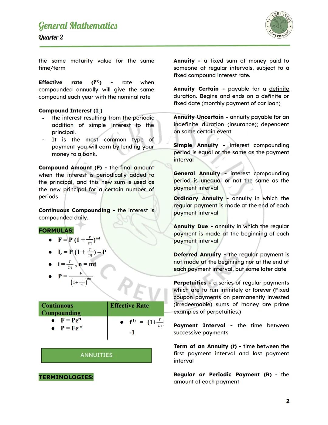 General Mathematics
Quarter 2
SIMPLE INTEREST
TERMINOLOGIES:
Simple Interest (I) - interest that is
computed on the principal. The interest