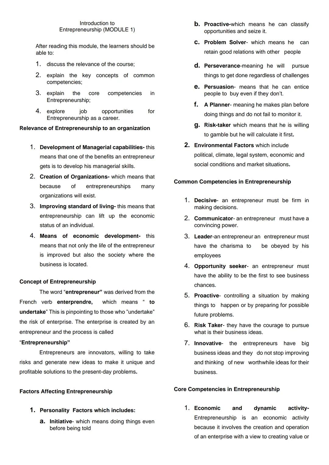 Introduction to
Entrepreneurship (MODULE 1)
After reading this module, the learners should be
able to:
1. discuss the relevance of the cours