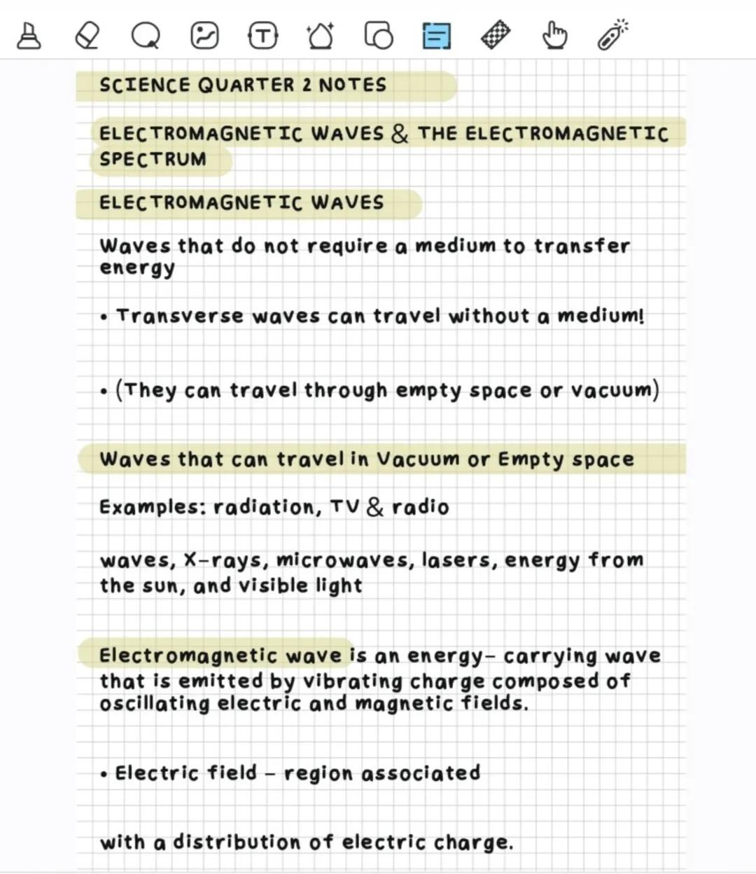 ## SCIENCE QUARTER 2 NOTES
## ELECTROMAGNETIC WAVES & THE ELECTROMAGNETIC SPECTRUM
## ELECTROMAGNETIC WAVES
Waves that do not require a m