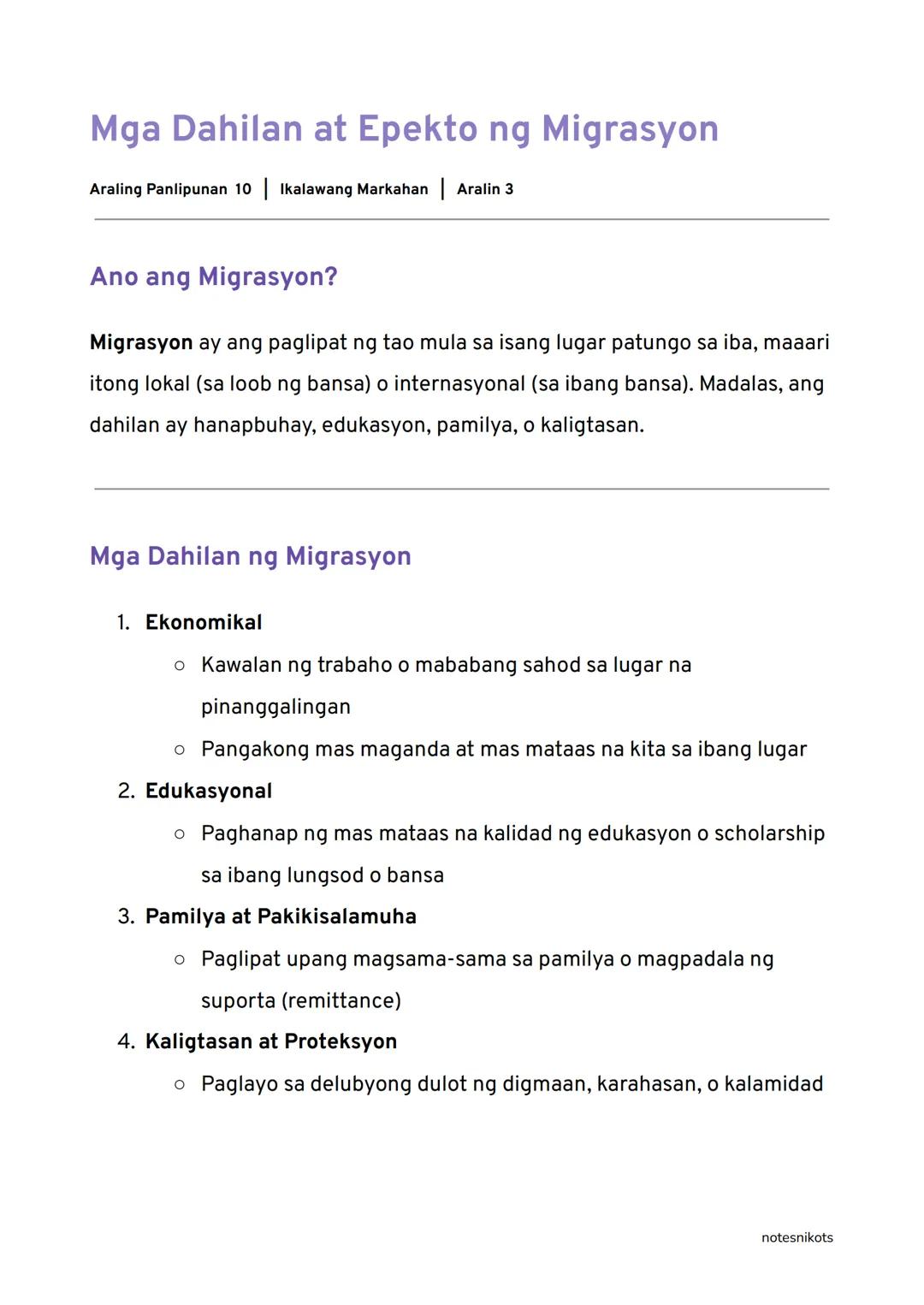 Mga Dahilan at Epekto ng Migrasyon
Araling Panlipunan 10 | Ikalawang Markahan | Aralin 3
Ano ang Migrasyon?
Migrasyon ay ang paglipat ng tao