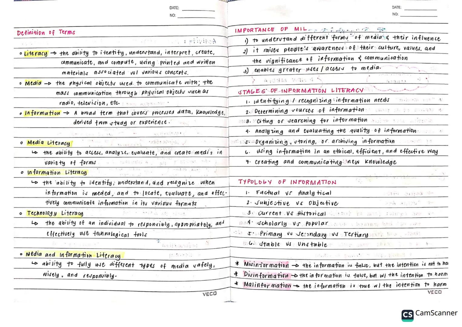 # Media &
# Information
# Literacy DATE:
NO:
DATE:
NO:
Definition of Terms
• Literacy → the ability to identify, understand, interpret, cr