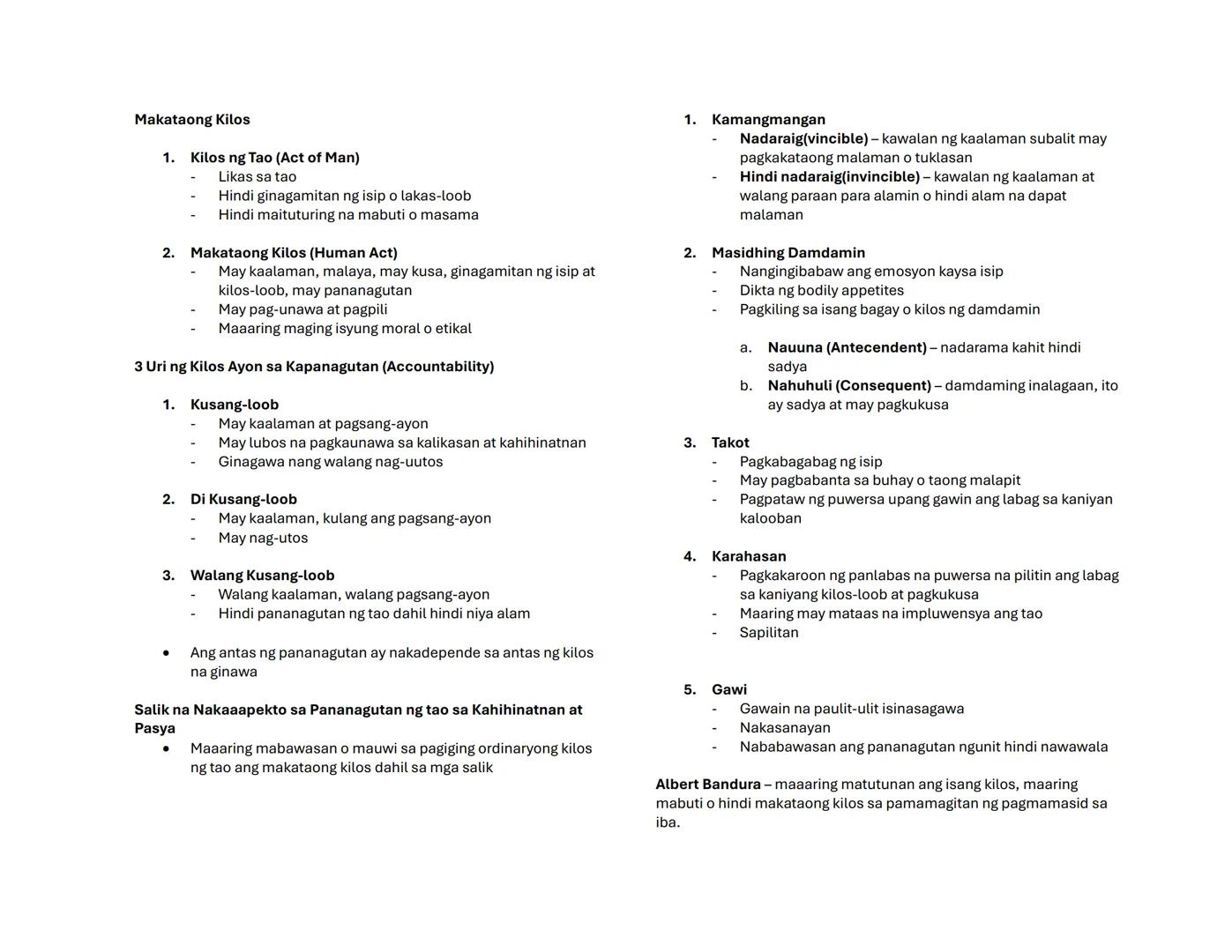 Makataong Kilos
1. Kilos ng Tao (Act of Man)
- Likas sa tao
- Hindi ginagamitan ng isip o lakas-loob
- Hindi maituturing na mabuti o masama
