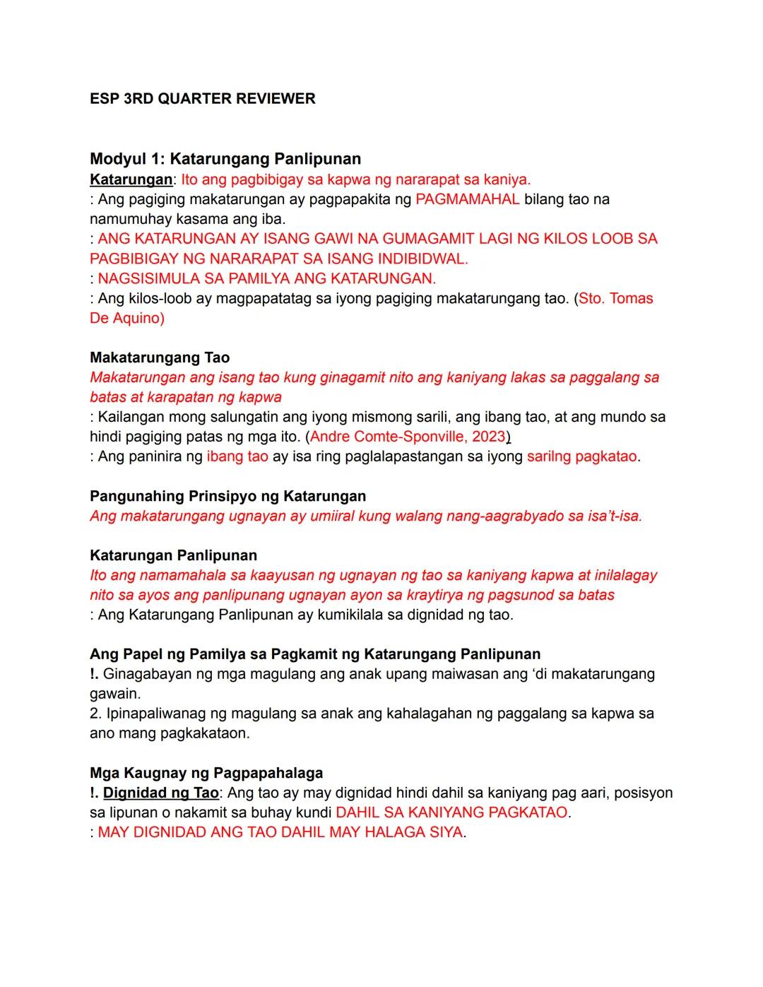 ESP 3RD QUARTER REVIEWER
Modyul 1: Katarungang Panlipunan
Katarungan: Ito ang pagbibigay sa kapwa ng nararapat sa kaniya.
: Ang pagiging mak