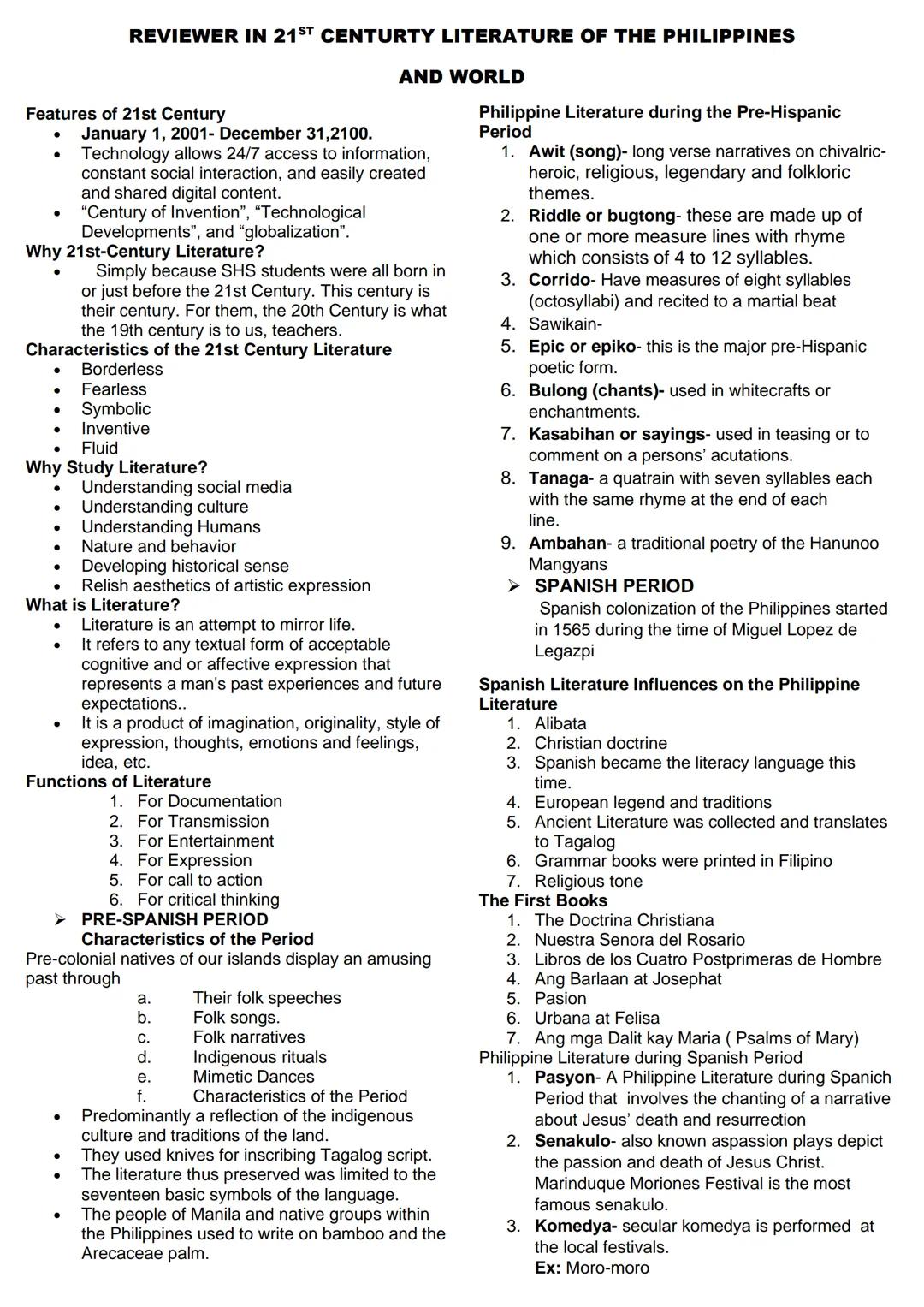 REVIEWER IN 21ST CENTURTY LITERATURE OF THE PHILIPPINES
AND WORLD
Features of 21st Century
January 1, 2001- December 31,2100.
Technology all