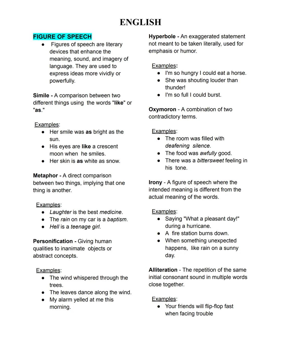 ENGLISH
FIGURE OF SPEECH
Figures of speech are literary
devices that enhance the
meaning, sound, and imagery of
language. They are used to
e