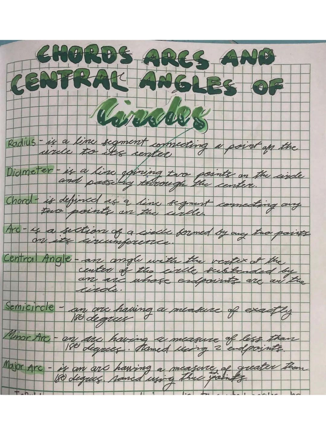 CHORDS ARCS AND
CENTRAL ANGLES OF
Circles
Radius - is a line segment connecting a point on the
circle to its center
Diameter - is a line joi
