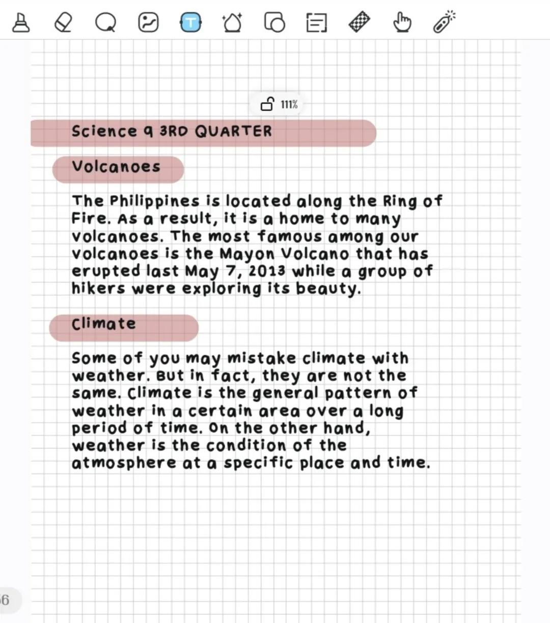 6
Science q 3RD QUARTER
Volcanoes
The Philippines is located along the Ring of
Fire. As a result, it is a home to many
volcanoes. The most