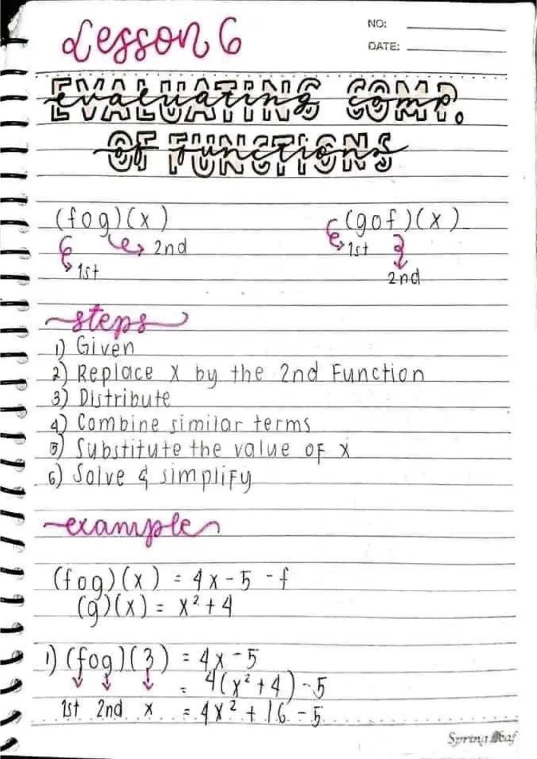 LESSON 1
NO:
DATE:
Relations &
functions
RELATION
↳ a set of ordered pairs (x, y)
DOMAIN
↳ First coordinate in a relation,
(x); input; indep