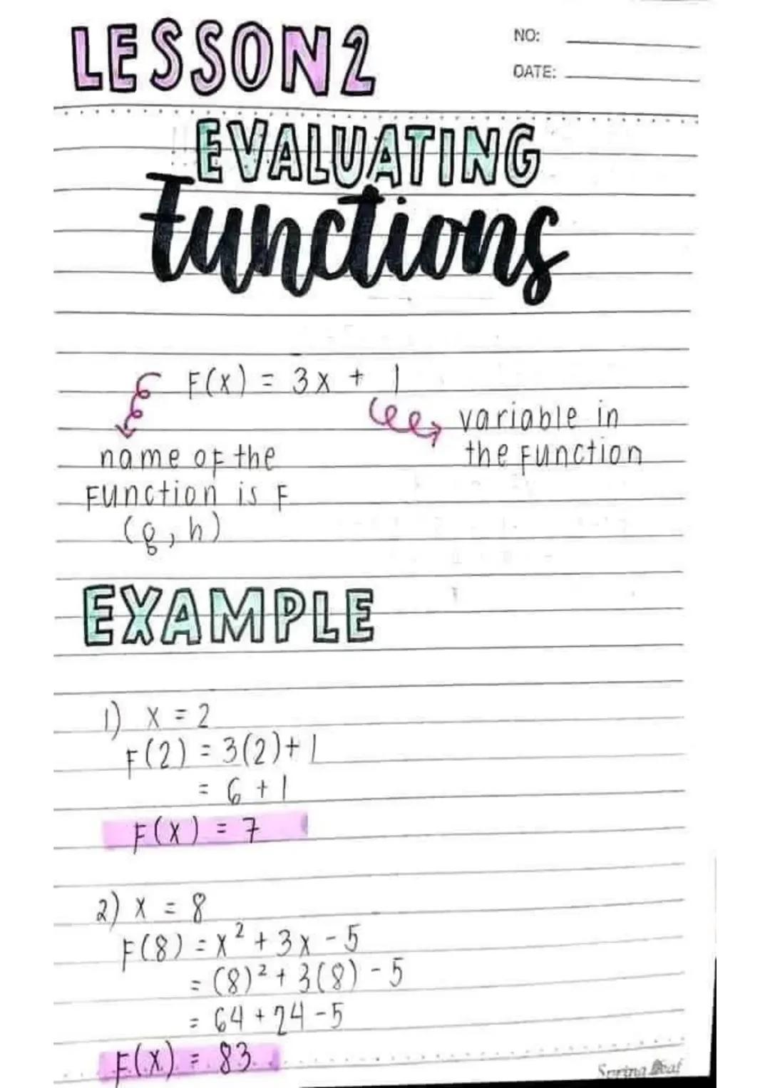 LESSON 1
NO:
DATE:
Relations &
functions
RELATION
↳ a set of ordered pairs (x, y)
DOMAIN
↳ First coordinate in a relation,
(x); input; indep