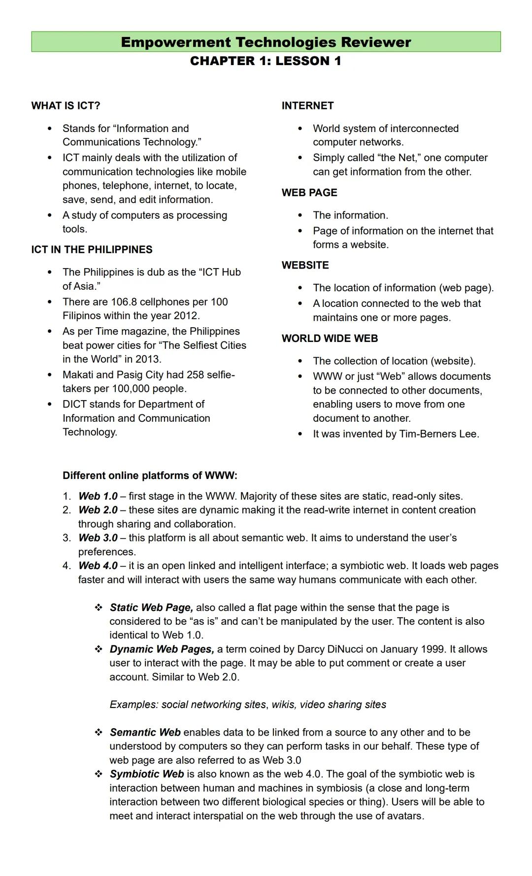 Empowerment Technologies Reviewer
CHAPTER 1: LESSON 1
WHAT IS ICT?
* Stands for "Information and
Communications Technology."
* ICT mainly de