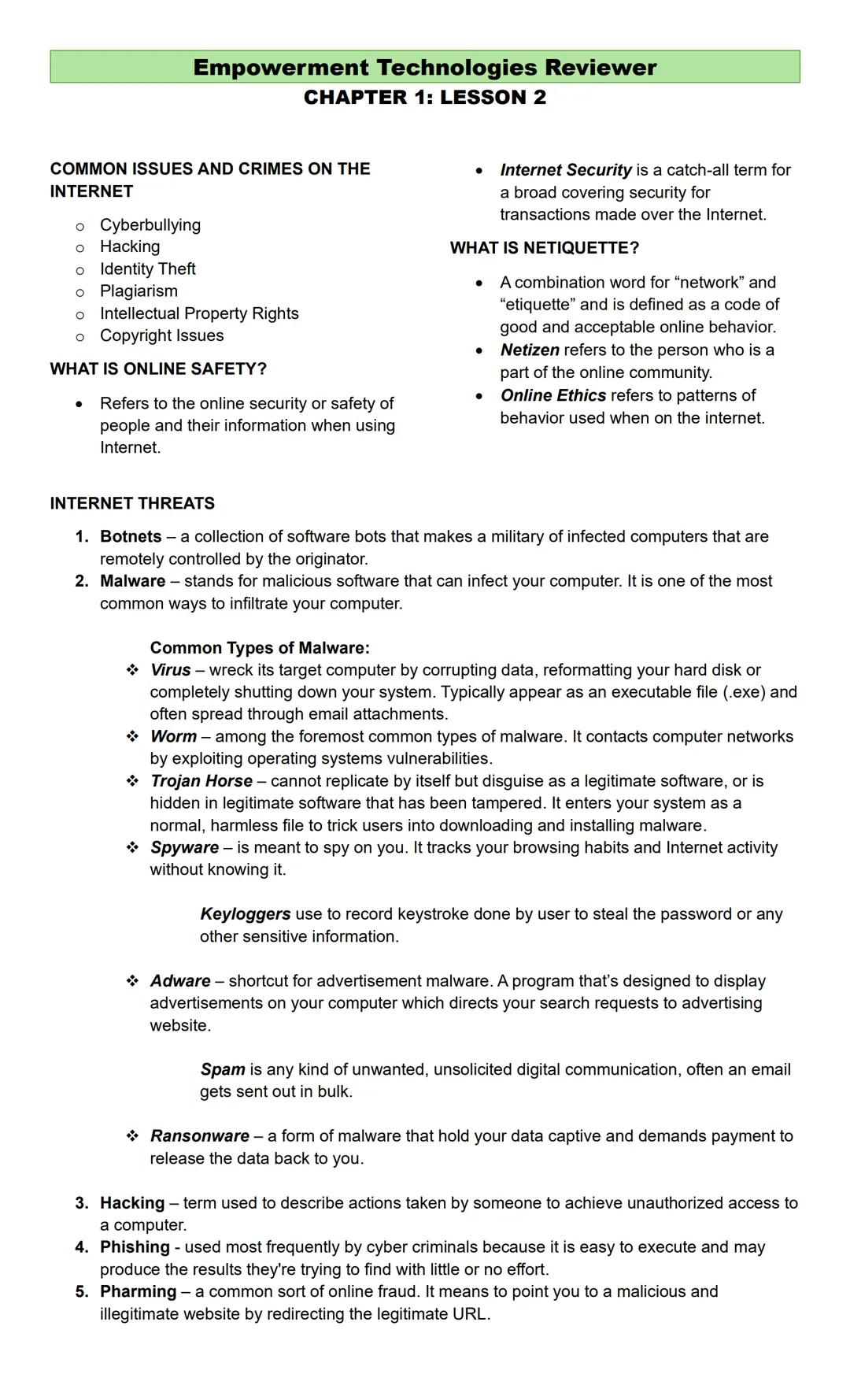 Empowerment Technologies Reviewer
CHAPTER 1: LESSON 1
WHAT IS ICT?
* Stands for "Information and
Communications Technology."
* ICT mainly de