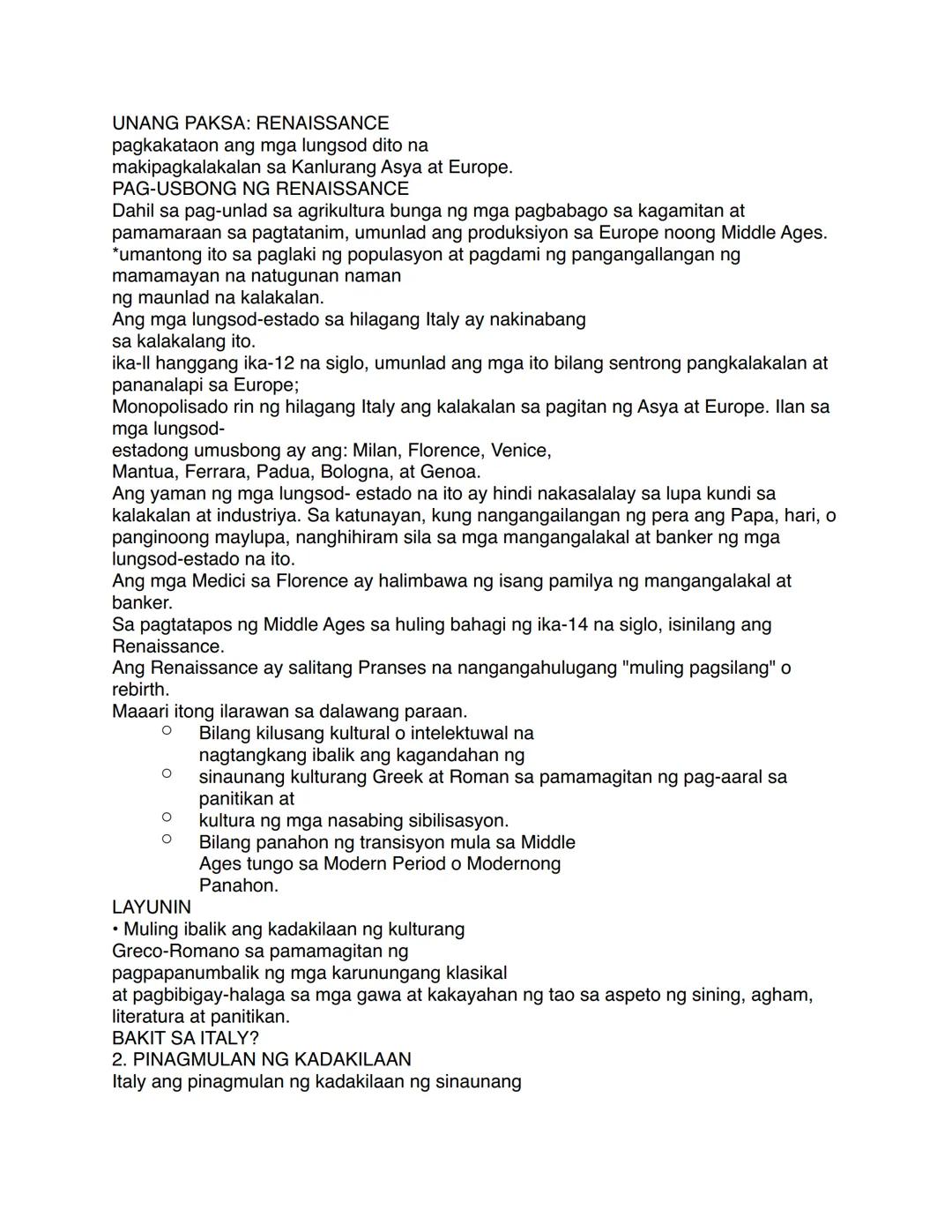 UNANG PAKSA: RENAISSANCE
pagkakataon ang mga lungsod dito na
makipagkalakalan sa Kanlurang Asya at Europe.
PAG-USBONG NG RENAISSANCE
Dahil s